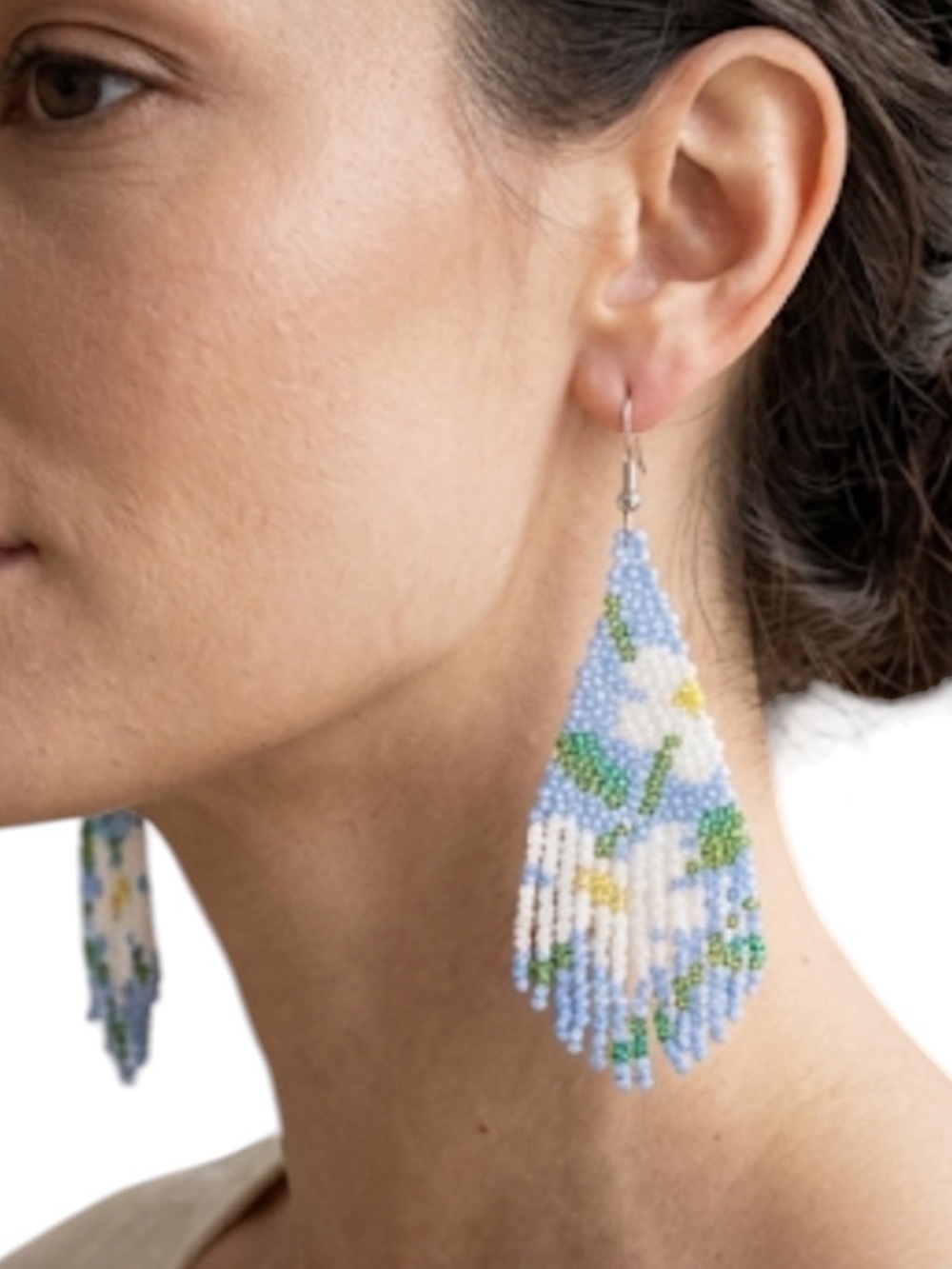 Handmade Blue Floral Beaded Fringe Earrings Daisy Boho Tassel Drop NWT